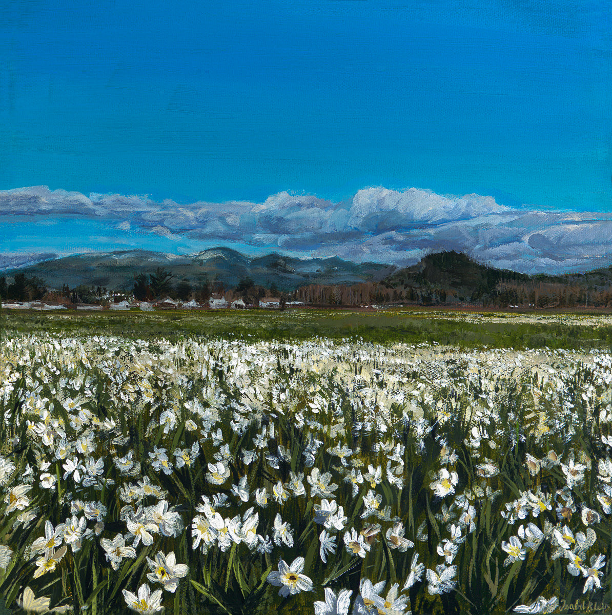 A painting depicting a field of white flowers with a blue sky and clouds, and a mountain range in the background.