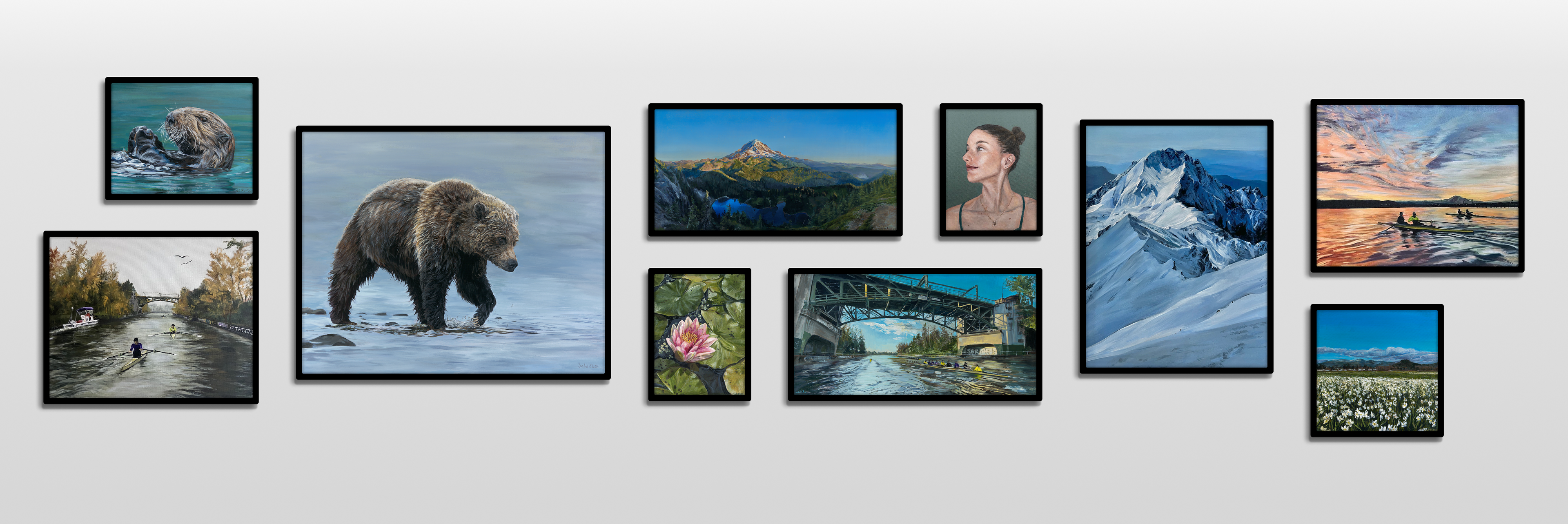 A wall full of paintings