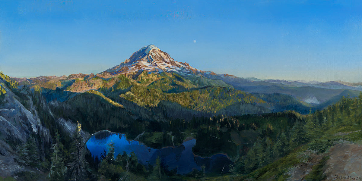 A vibrant realistic landscape painting of Mount Rainier in the summer. It overlooks Mowich Lake. The sun is setting, casting golden light on the mountain and surrounding hills. The moon can be seen faintly beyond the mountain.