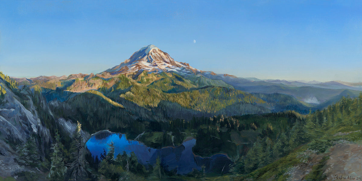 A vibrant realistic landscape painting of Mount Rainier in the summer. It overlooks Mowich Lake. The sun is setting, casting golden light on the mountain and surrounding hills. The moon can be seen faintly beyond the mountain.