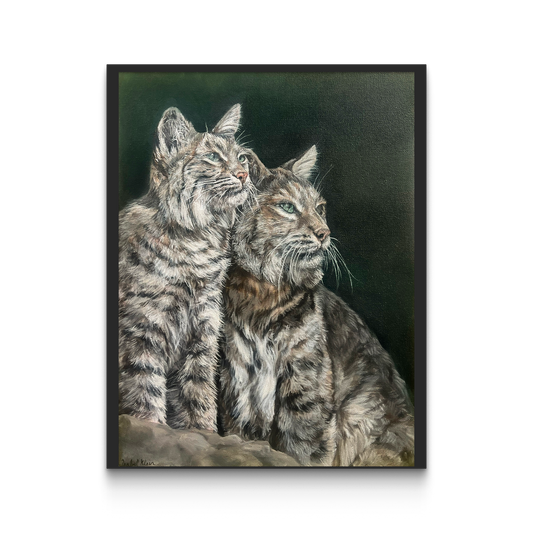 Framed artwork of two cats on a white background
