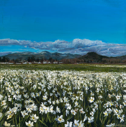 A painting depicting a field of white flowers with a blue sky and clouds, and a mountain range in the background.