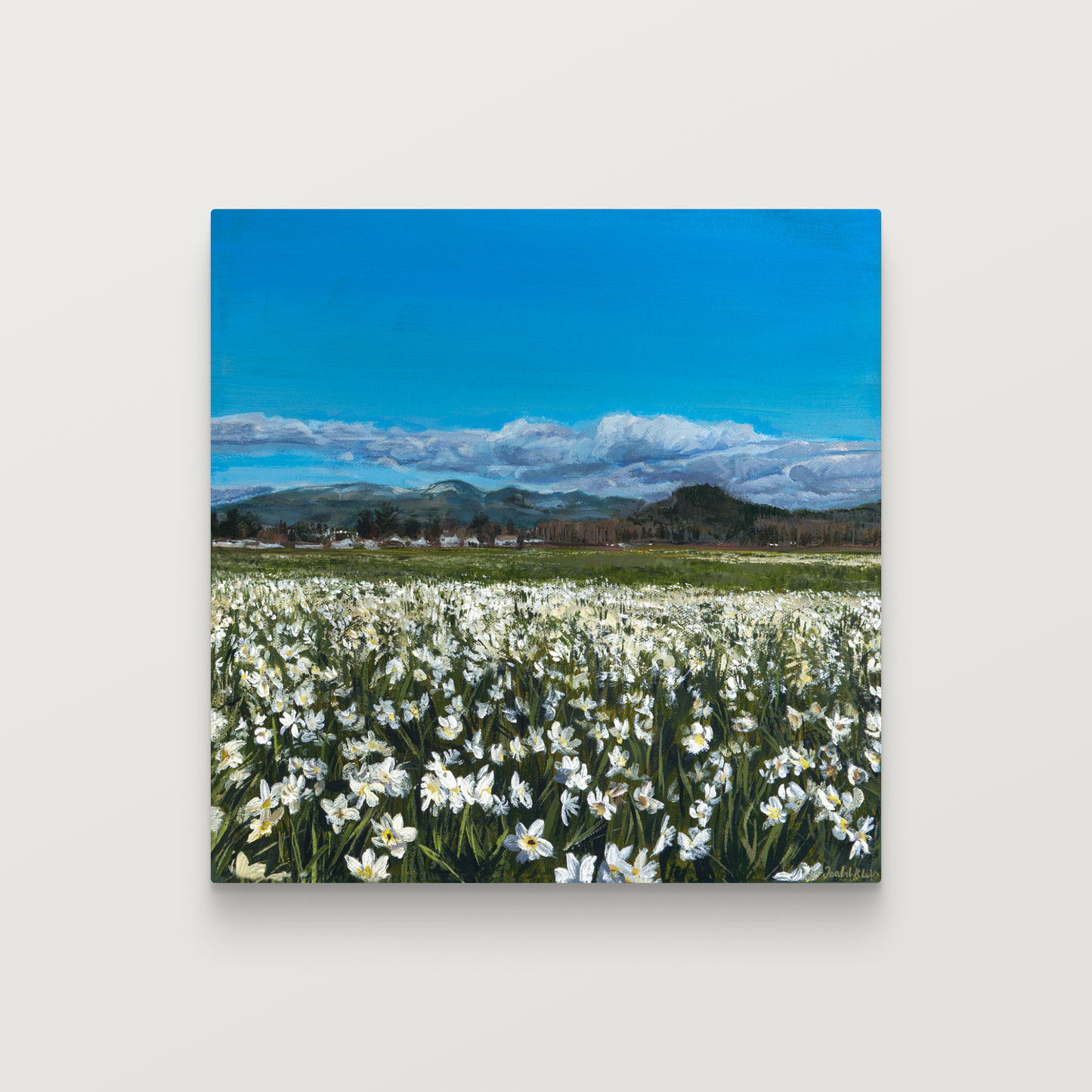 Framed painting of a field of daffodils with a mountain in the distance.