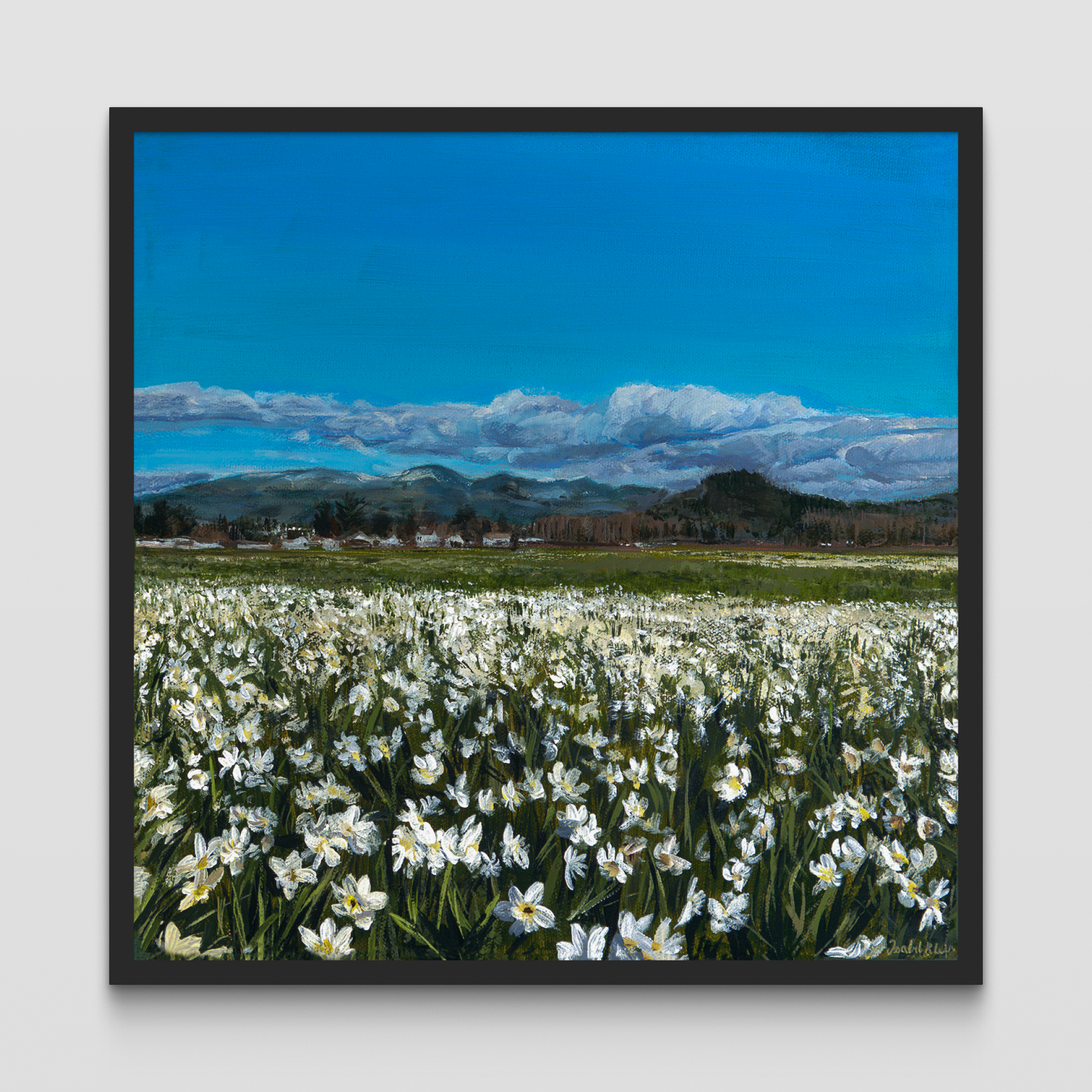Framed painting of a field of daffodils with a mountain in the distance.