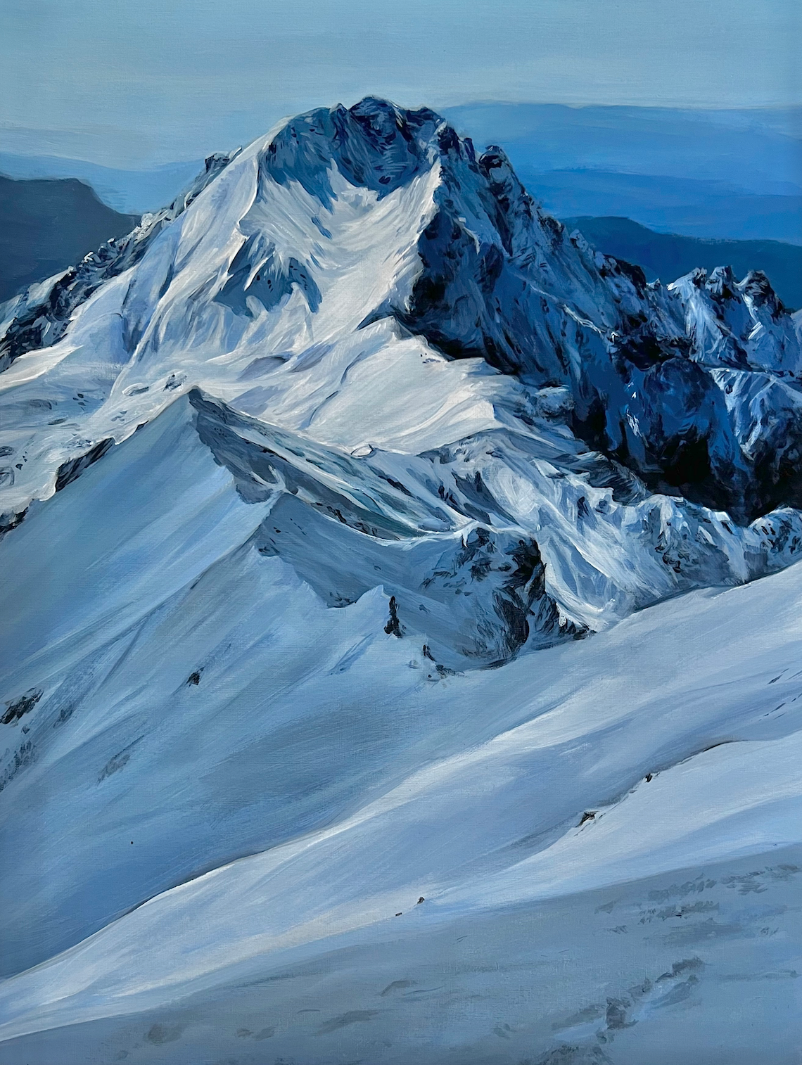 A realistic acrylic landscape painting of a prominent mountain covered in snow. The predominant color is a deep blue.