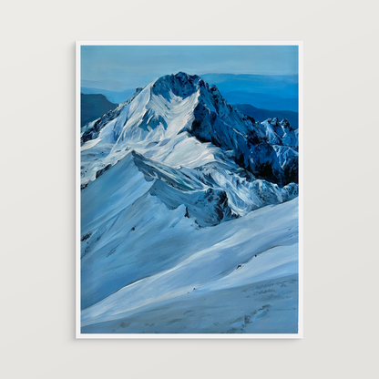 A framed painting on a white wall. 

It is a realistic acrylic landscape painting of a prominent mountain covered in snow. The predominant color is a deep blue.