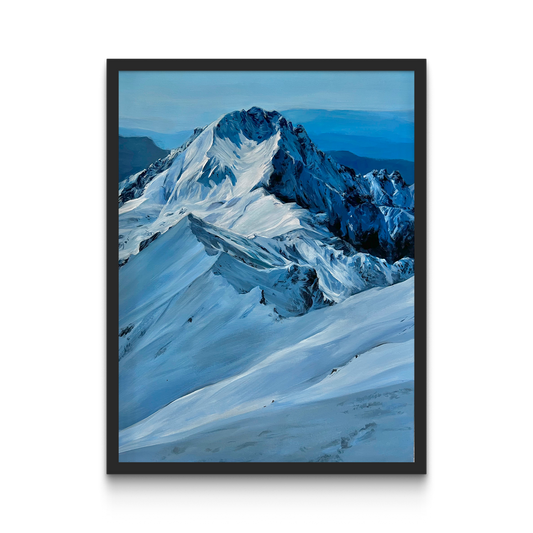 A framed painting on a white wall. 

It is a realistic acrylic landscape painting of a prominent mountain covered in snow. The predominant color is a deep blue.