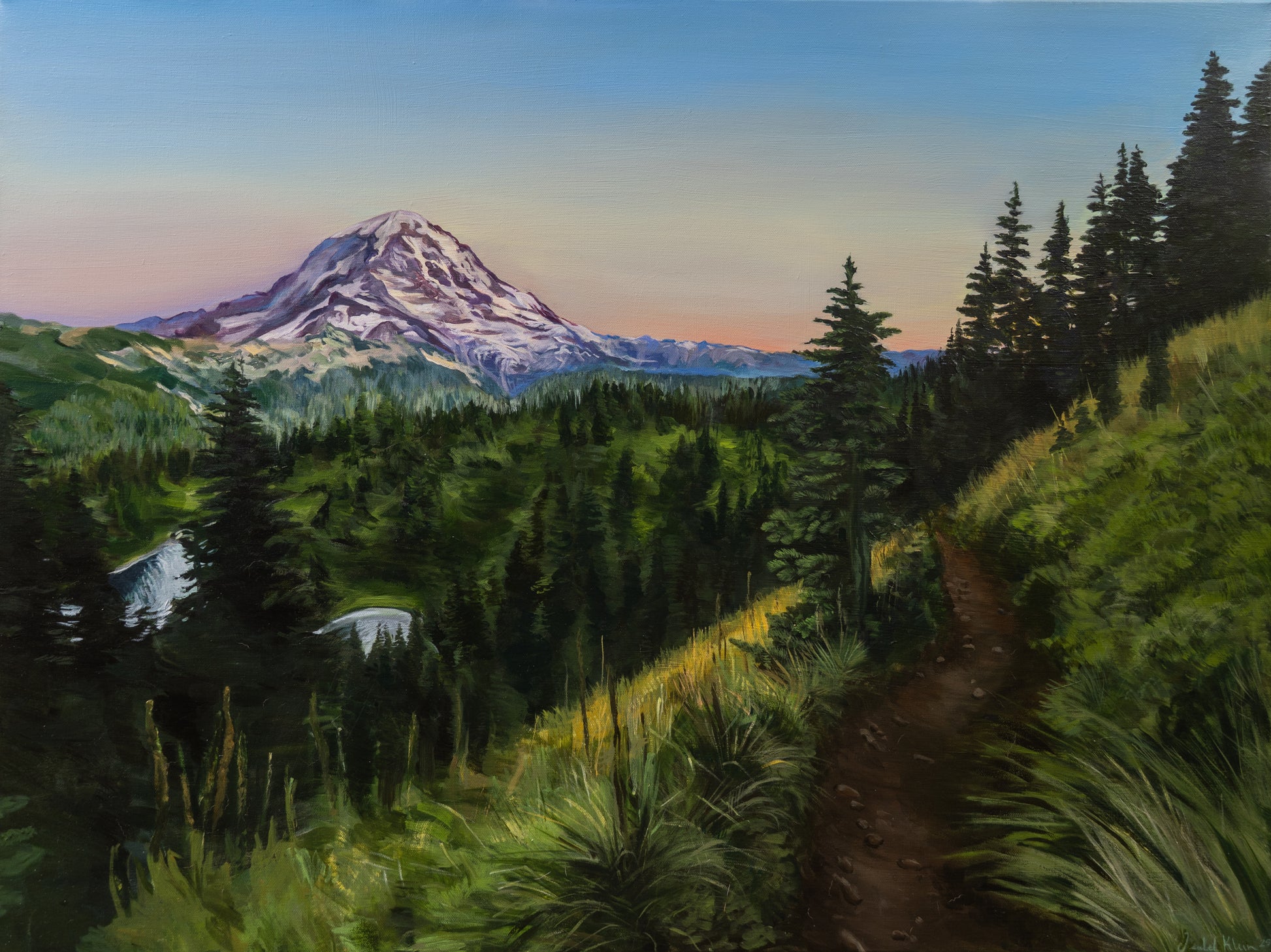 Painting of a mountain landscape with trees and a lake.