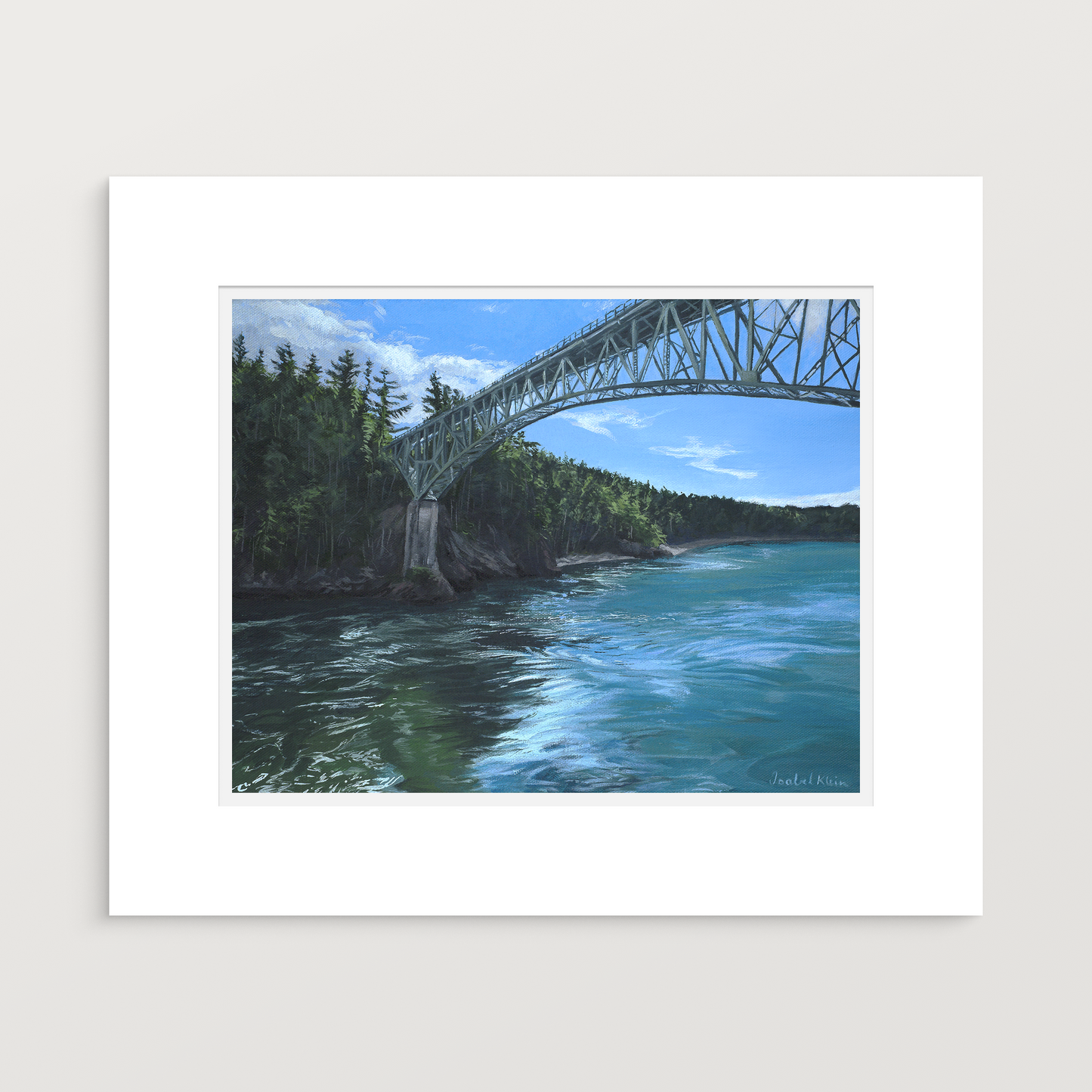 A matted art print featuring a painted scenic landscape with a steel bridge over blue water, surrounded by dark green trees under a bright blue sky, shown against a light gray background.