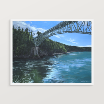 An unframed landscape art print depicting a steel bridge spanning a blue river, with green forest on the left bank under a bright sky, shown against a light beige background.