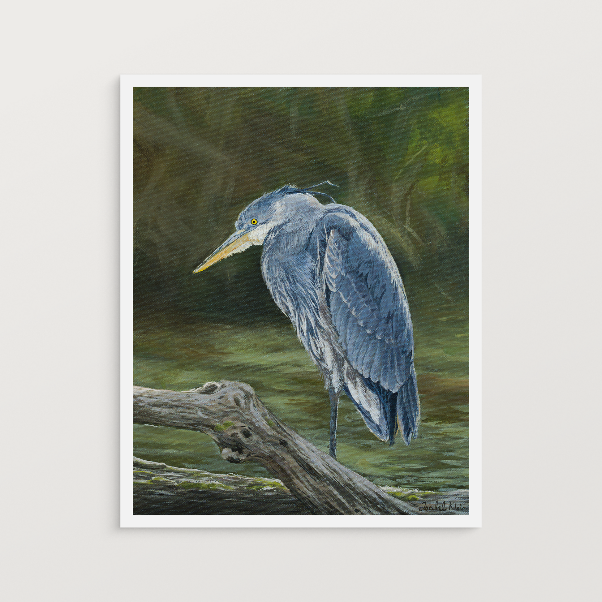 An unframed art print featuring a painted blue heron standing on driftwood in a marshy water scene, shown against a light neutral background.