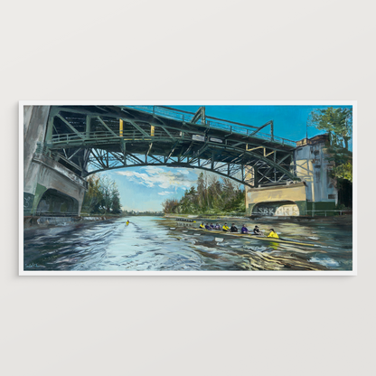Art print of a bridge over a river with rowers in boats.