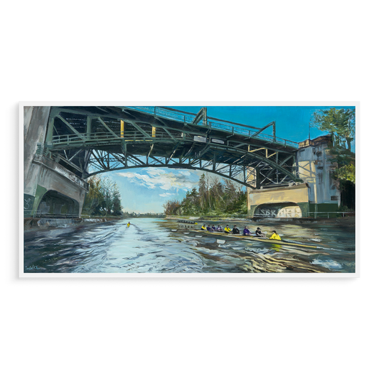 Art print of a bridge over a river with rowers in boats.
