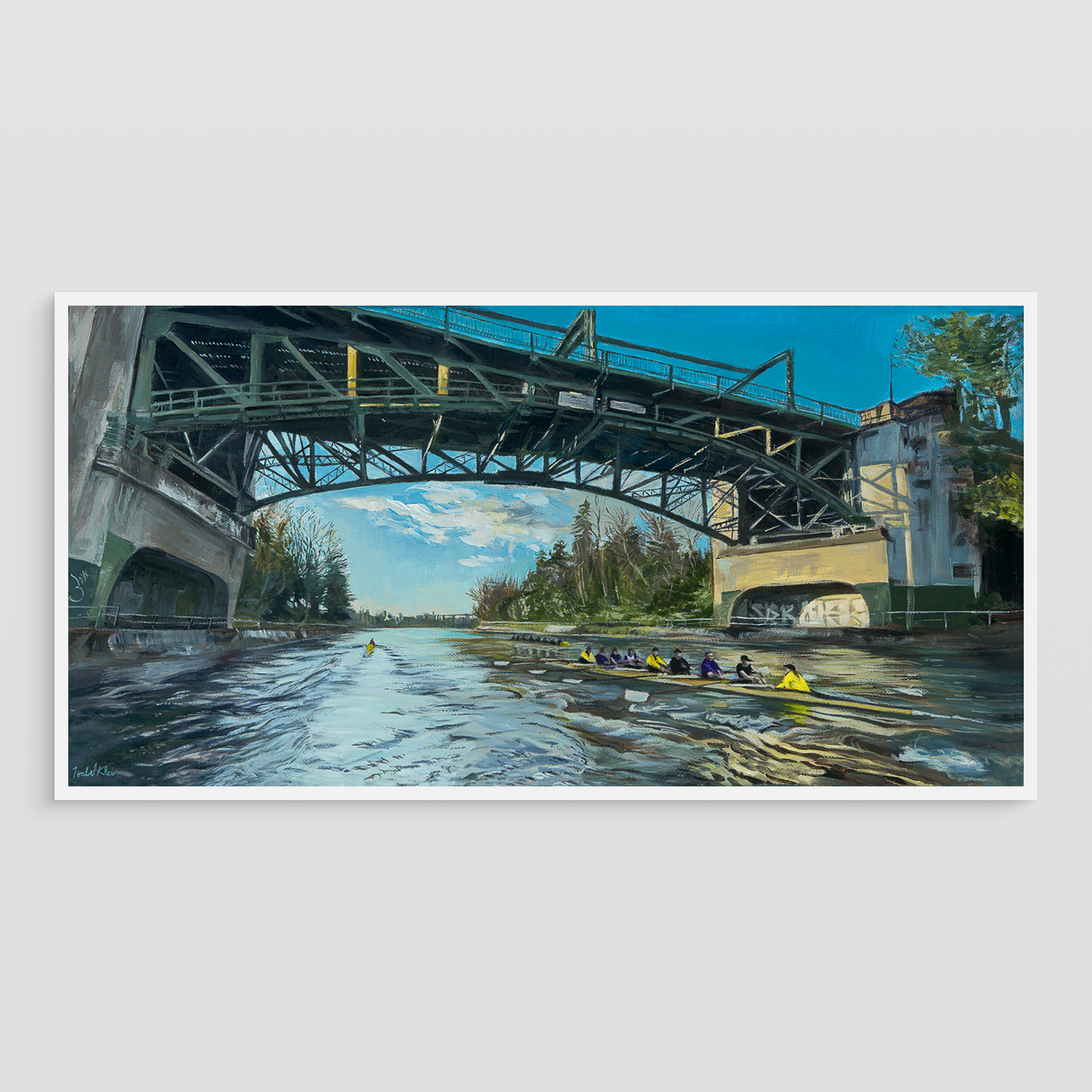 Art print of a bridge over a river with rowers in boats.