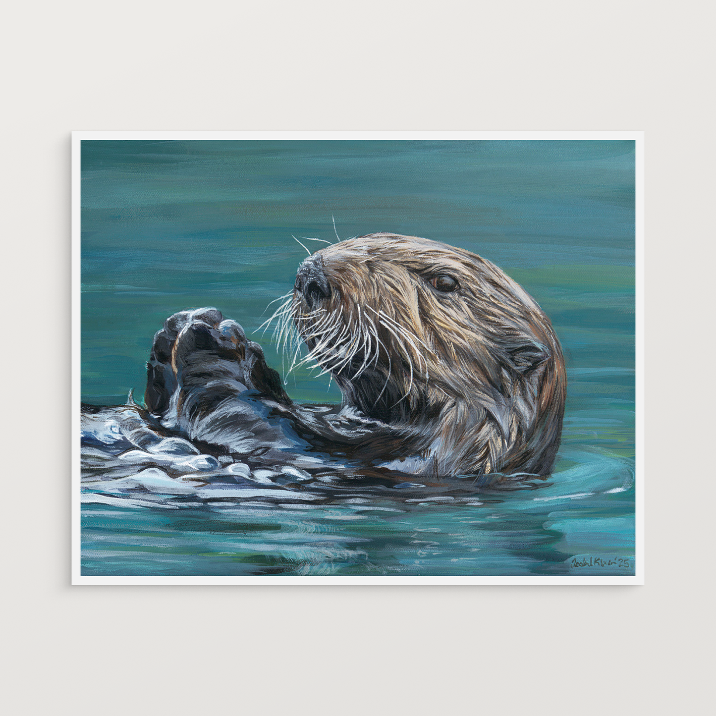 Print of a painting of a sea otter in water on a white wall