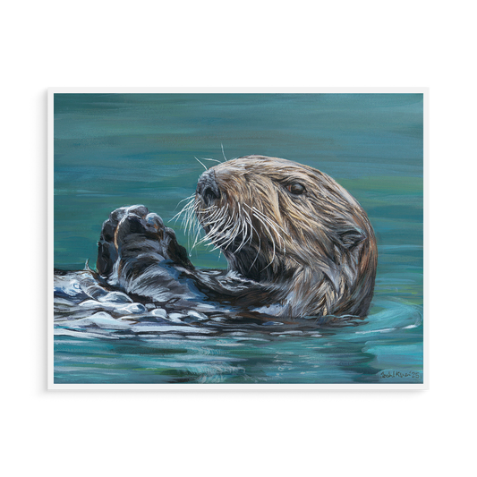 Print of a painting of a sea otter in water on a white wall