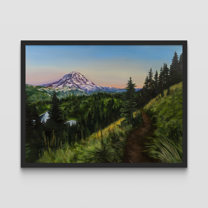Framed painting of a mountain landscape with trees and a path.