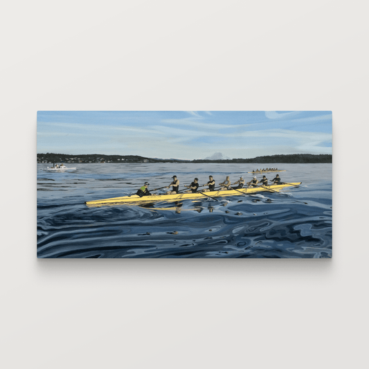 Practice on an October Afternoon, original acrylic on canvas, UW rowing team on Lake Washington, Seattle fine art