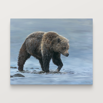 Framed artwork of a bear walking through water on a gray background
