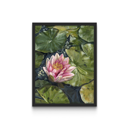 Framed artwork of a pink water lily with green leaves on a white background