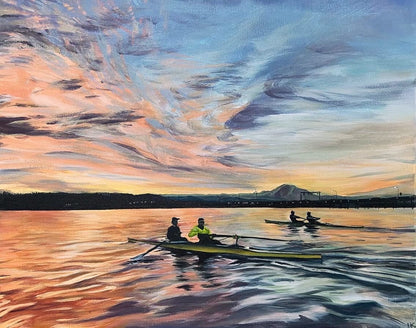 A colorful acrylic painting of two 2-man rowing shells on Lake Washington in Seattle. The sunrise illuminates the scene with bright yellows, oranges, and purples. A floating bridge and Mount Rainier are seen off to the distance.