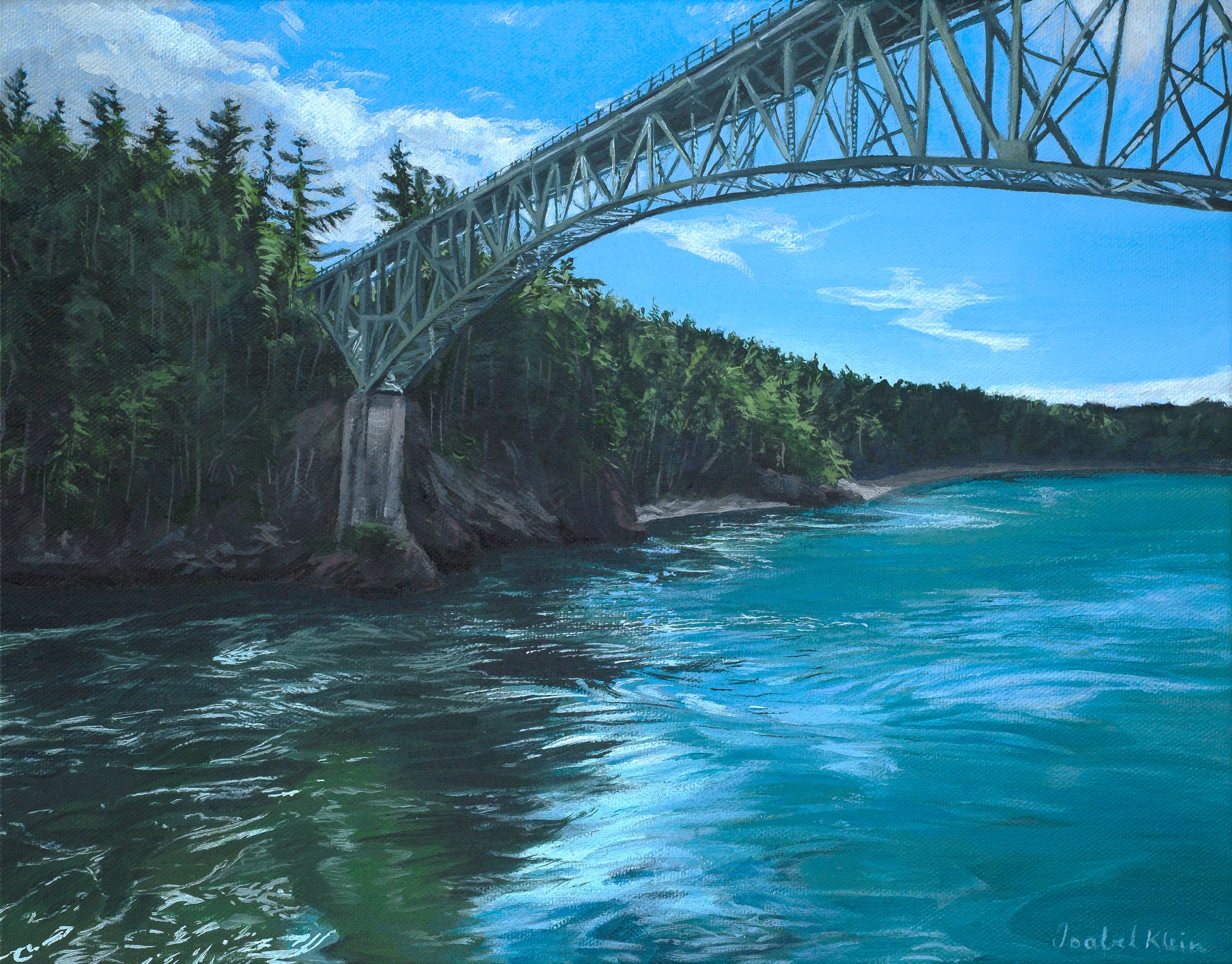 A scenic landscape painting of a large steel arch bridge spanning over bright turquoise water, with a dense green forest on the left bank and a blue sky with white clouds above.
