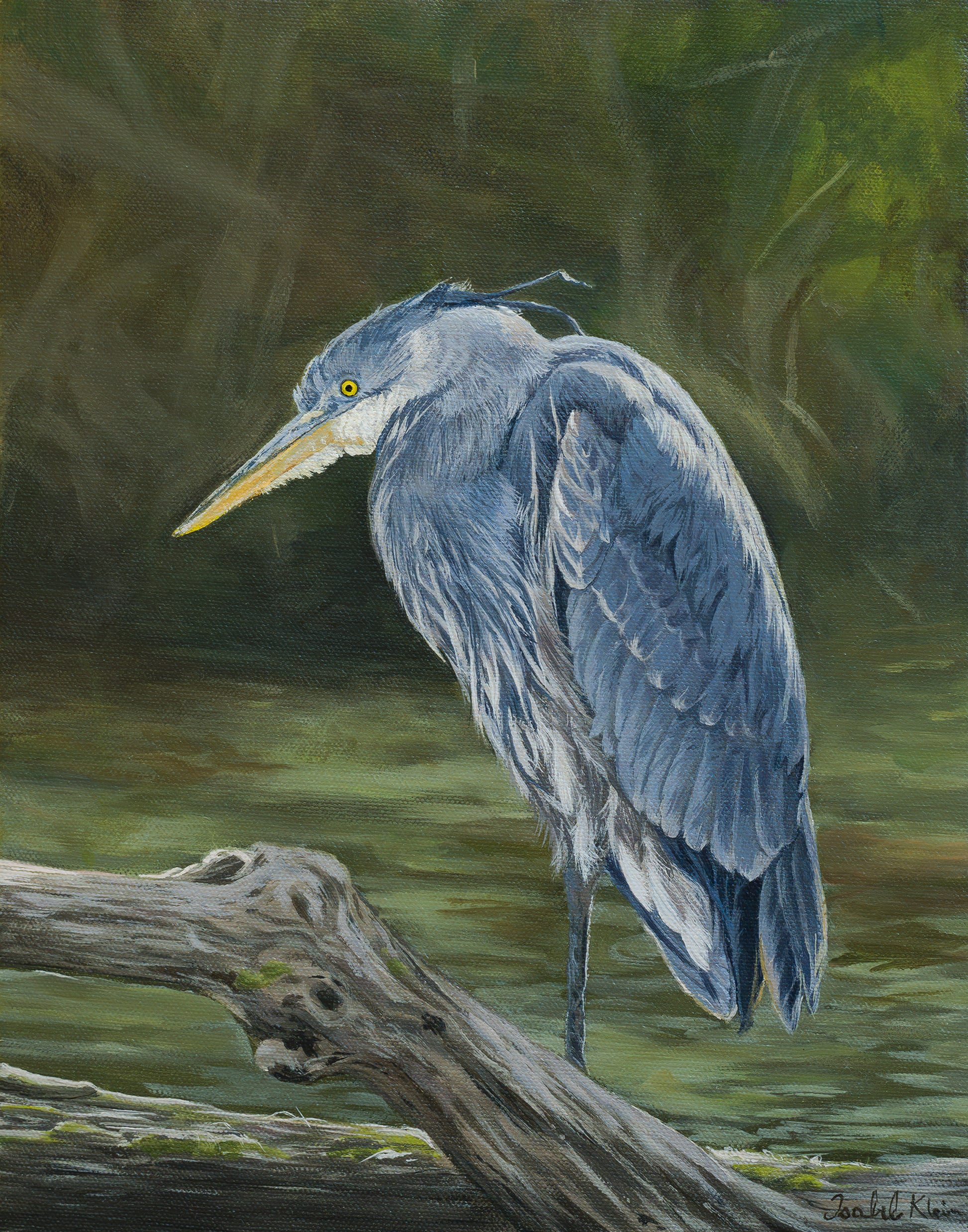 A painted heron scene showing a blue-gray bird standing on a log in shallow greenish water, with a dark, painterly natural background. The artwork itself appears to be the product, so this fits Scenery rather than Product/Packaging.